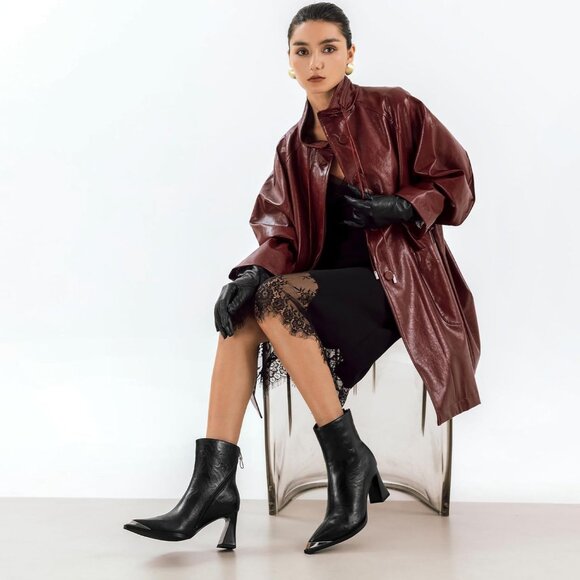 Women Black Metal Leather Side Zipper Chunky Block Heels Comfortable Fall Boots - Picture 3 of 6